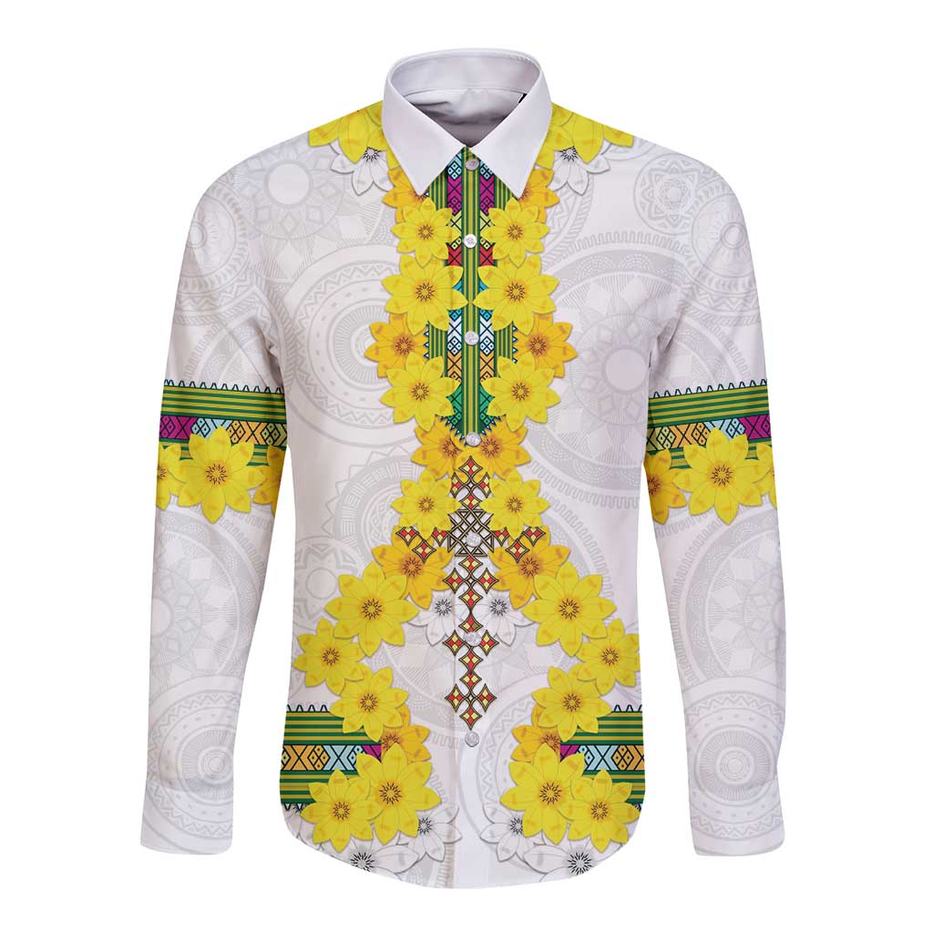 Enkutatash Ethiopia New Year Long Sleeve Button Shirt Tilet Pattern With Adey Abeba Flowers LT05 - Wonder Print Shop