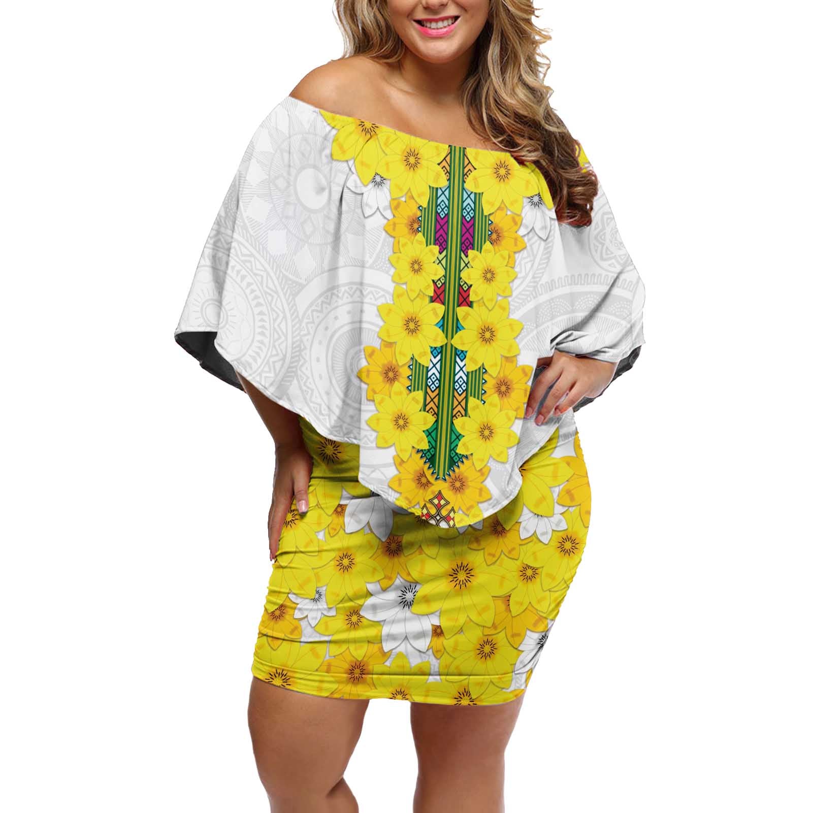 Enkutatash Ethiopia New Year Off Shoulder Short Dress Tilet Pattern With Adey Abeba Flowers