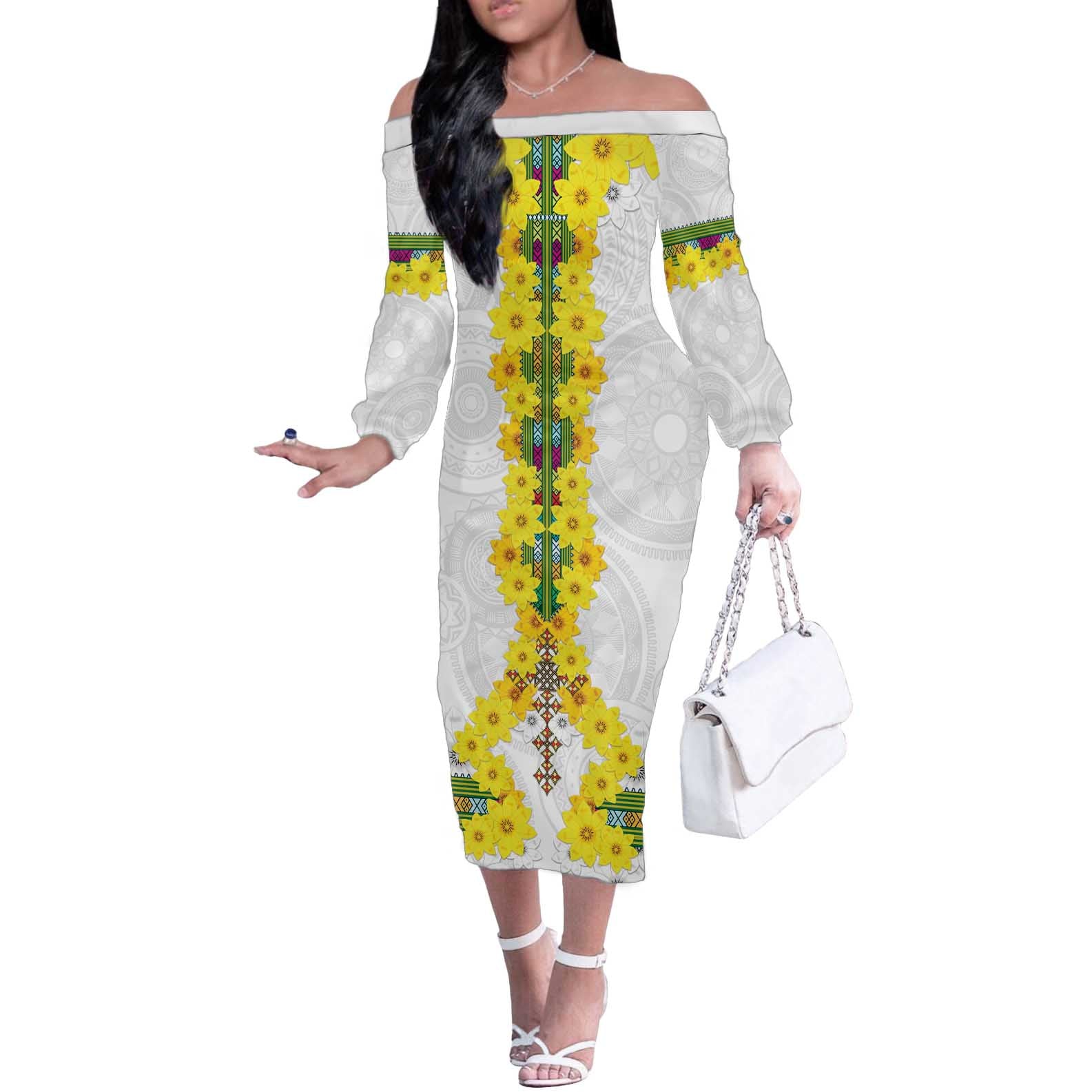 Enkutatash Ethiopia New Year Off The Shoulder Long Sleeve Dress Tilet Pattern With Adey Abeba Flowers