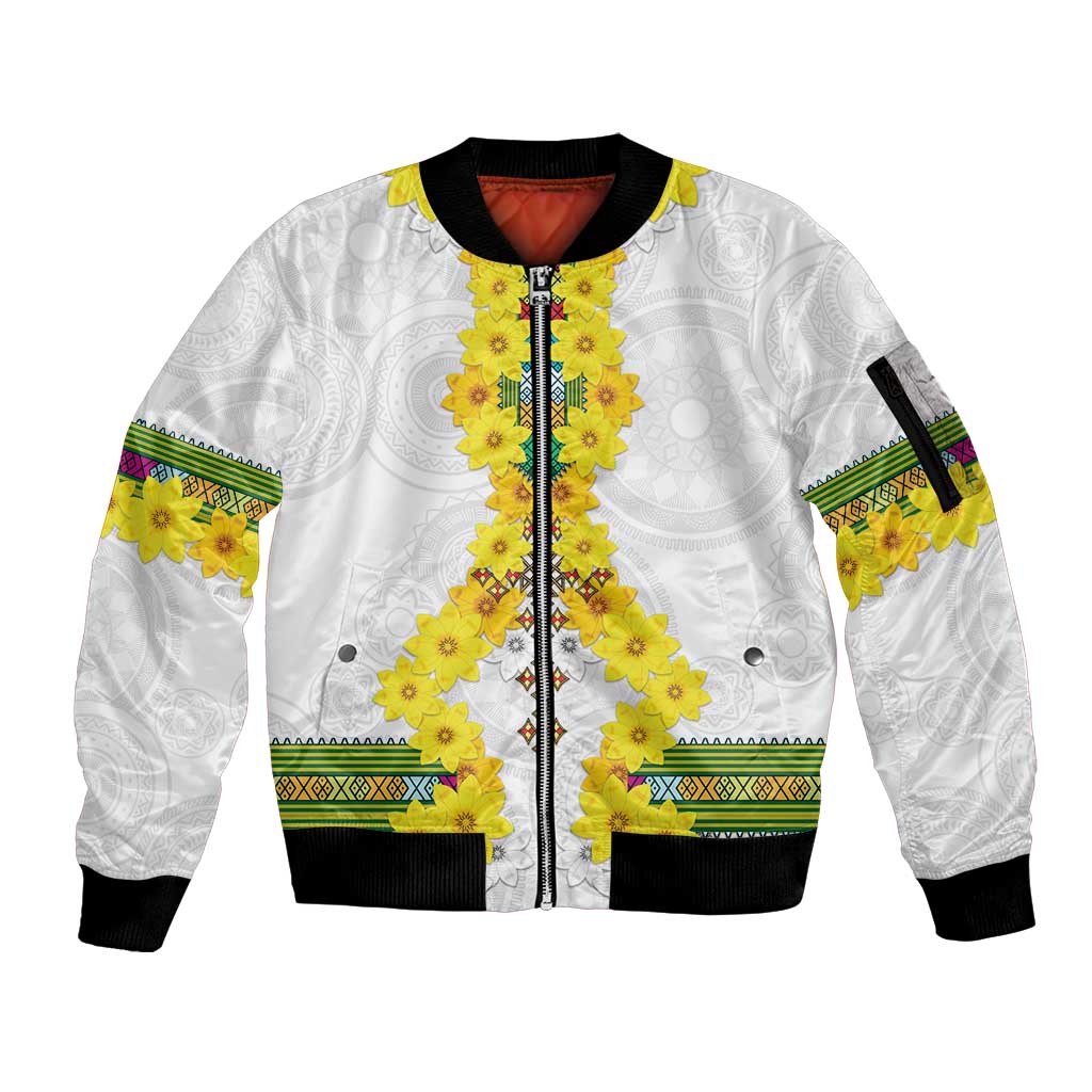 Enkutatash Ethiopia New Year Sleeve Zip Bomber Jacket Tilet Pattern With Adey Abeba Flowers