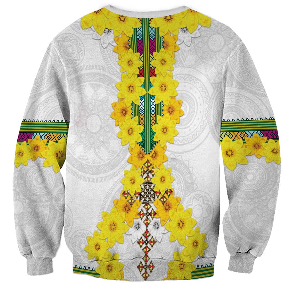 Unisex white crewneck sweatshirt with yellow flower garland motif and multicolor central stripe