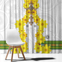 White window curtain panel with yellow flower clusters and multicolor diamond motif