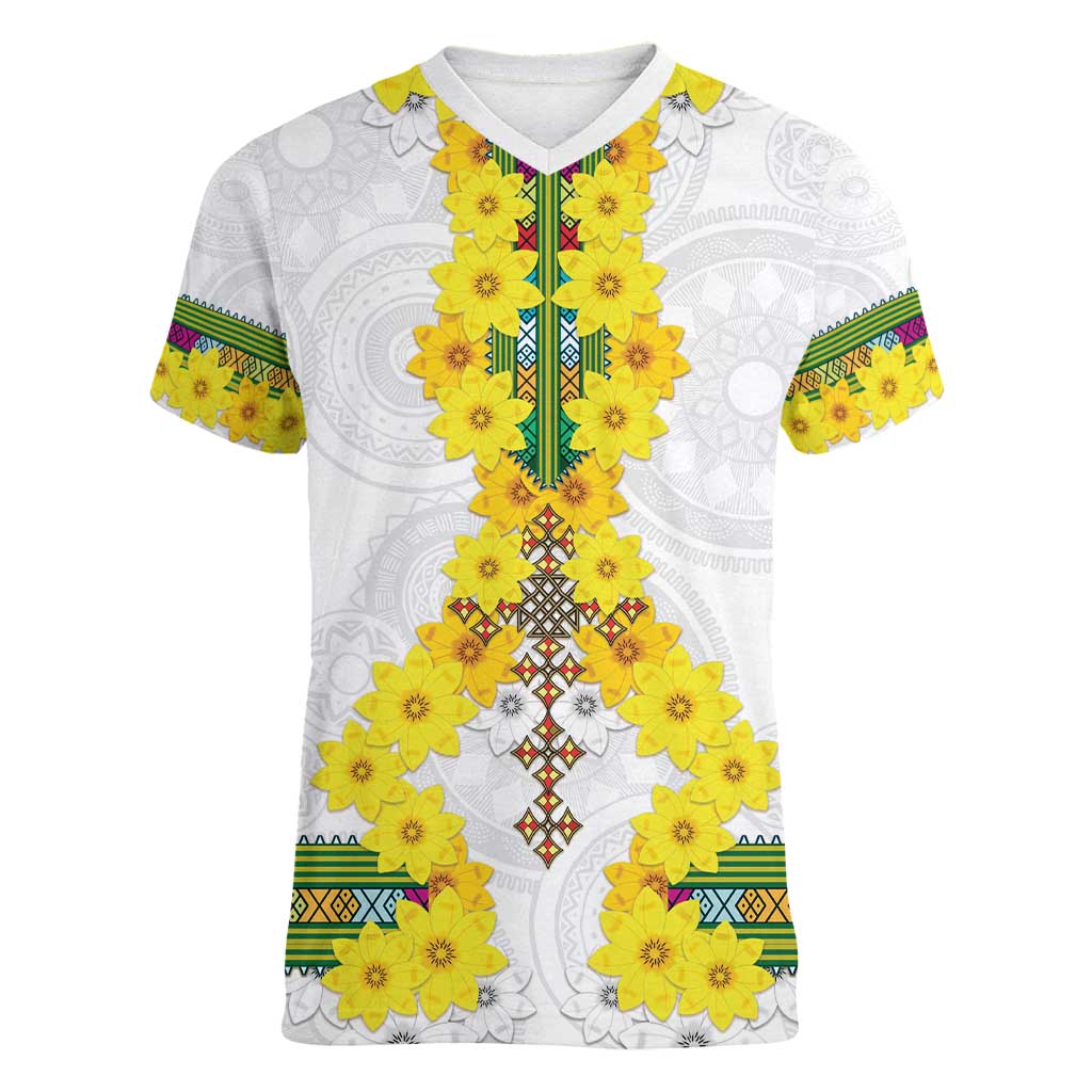 Enkutatash Ethiopia New Year Women V-Neck T-Shirt Tilet Pattern With Adey Abeba Flowers