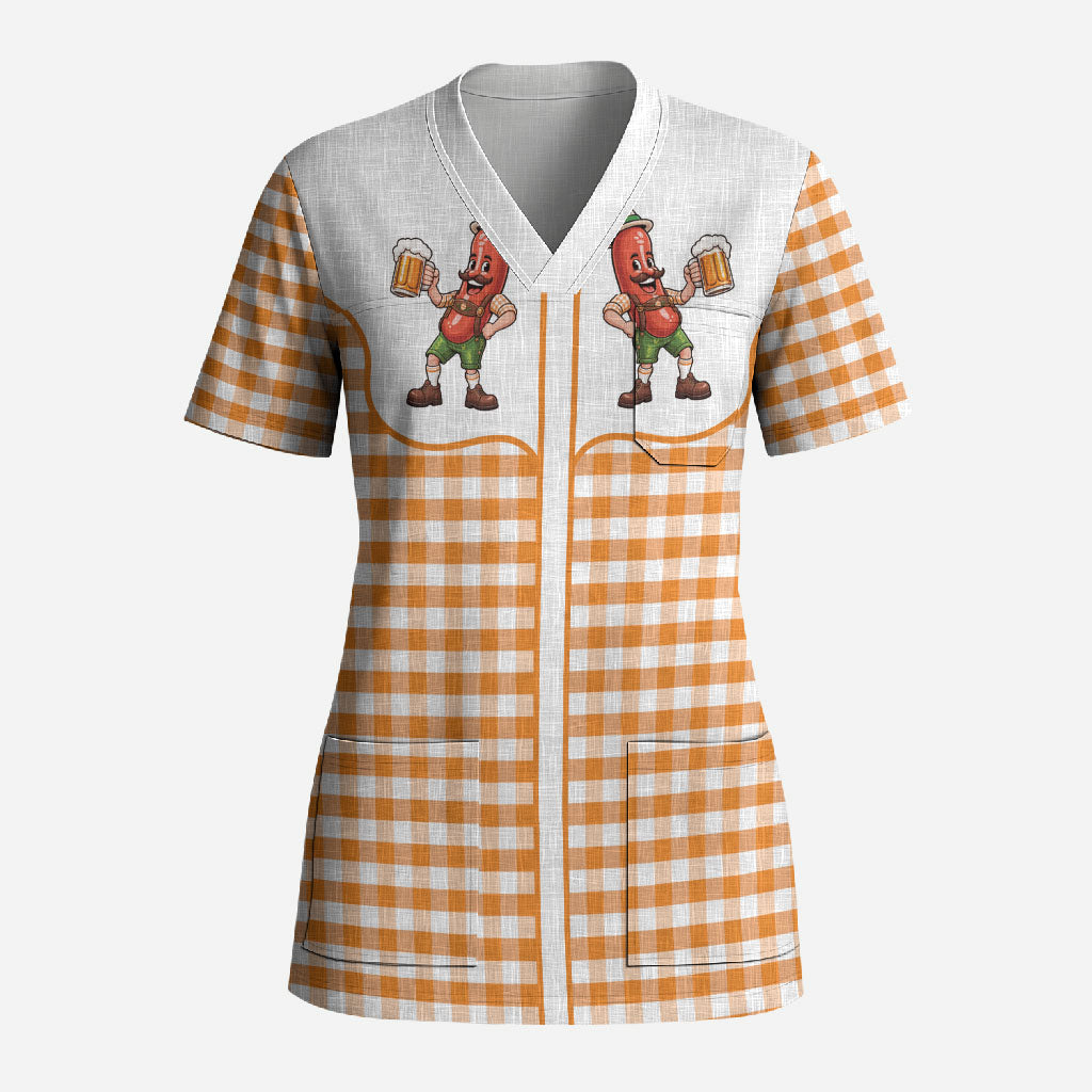 Oktoberfest Funny Sausage Scrub Top Country Cowboy Style