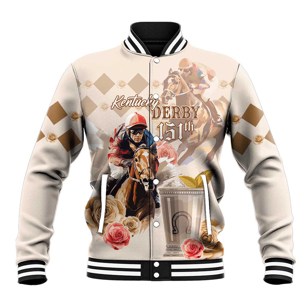 Beige baseball jacket with black/white striped ribbing and front horse-racing graphic.