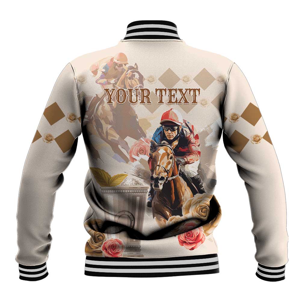 Beige baseball jacket with black/white striped ribbing and back 'YOUR TEXT' horse graphic.