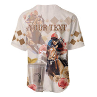 Beige baseball jersey back view with V-neck, horse-racing art and 'YOUR TEXT'