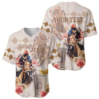 Beige baseball jersey front and back set with horse-racing graphic and roses, 'YOUR TEXT'
