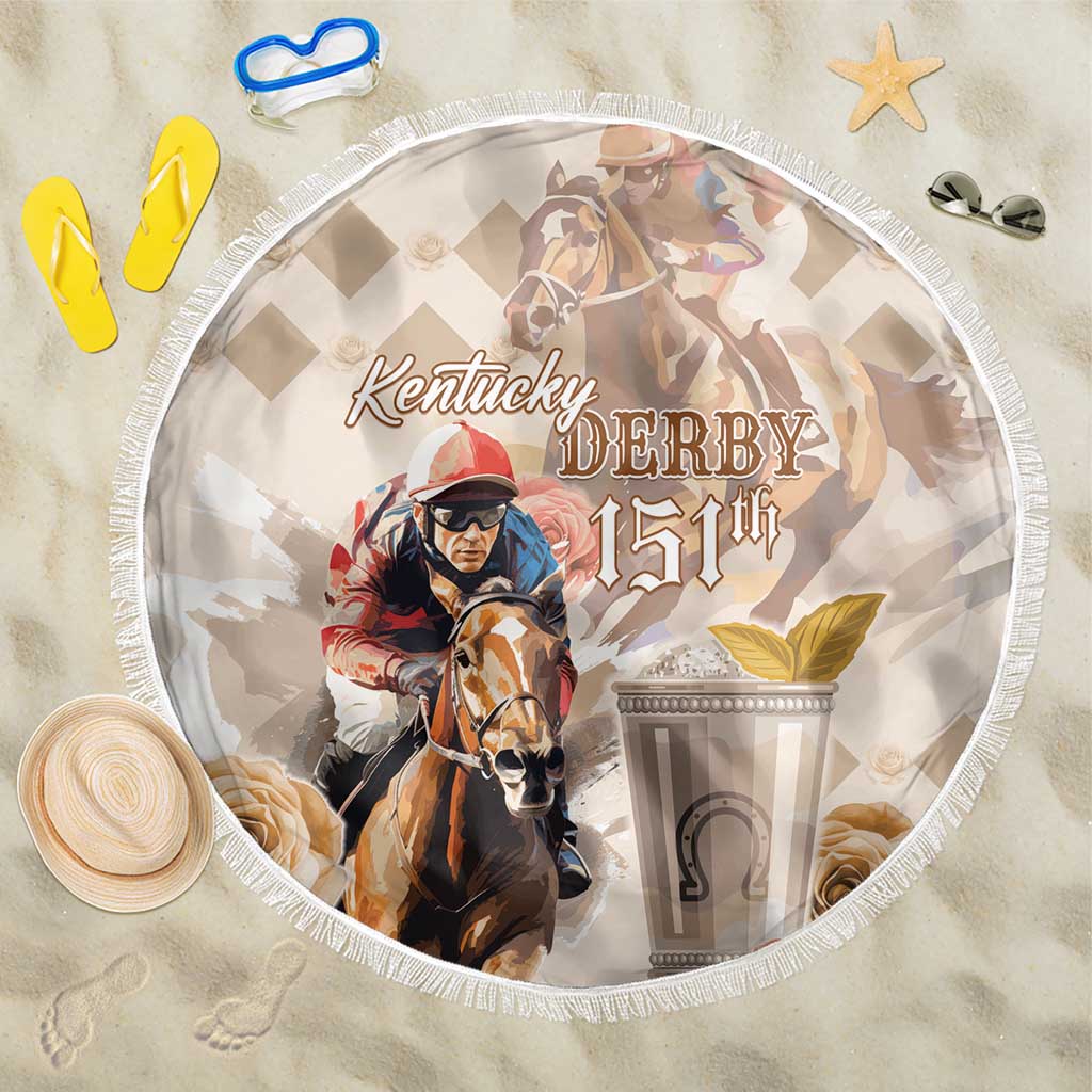 Beige round beach blanket with horse rider graphic, Kentucky Derby 151st, fringe