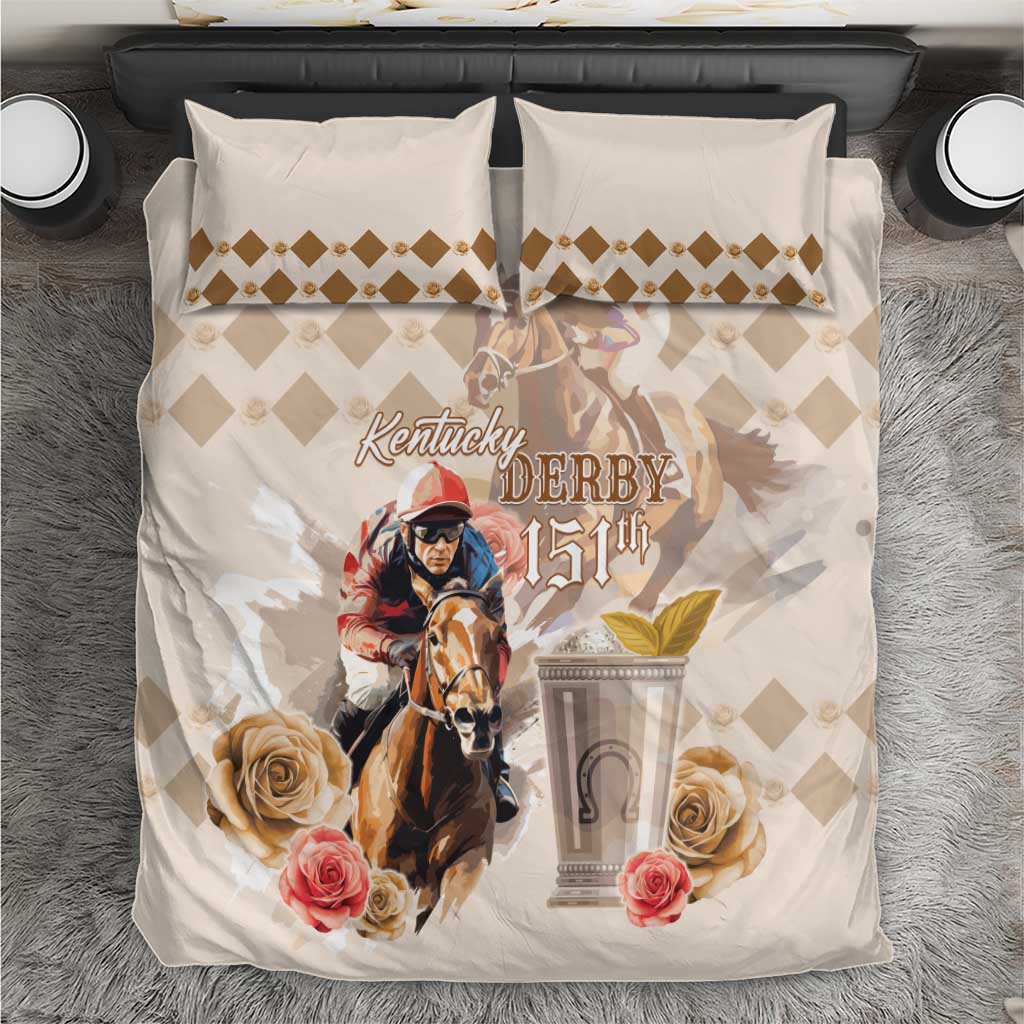 Beige and cream comforter and pillow covers with horse rider, roses, and “Kentucky Derby 151th”