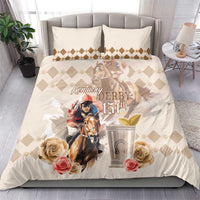 Beige and cream bedding set with horse racing graphic, roses, and “Kentucky Derby 151th”