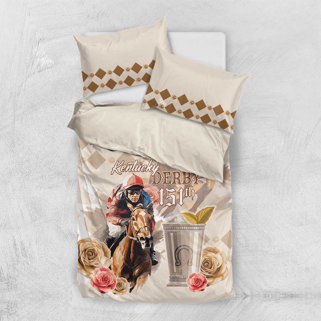 Flat lay of beige and cream duvet and pillow covers with horse, roses, and diamond trim