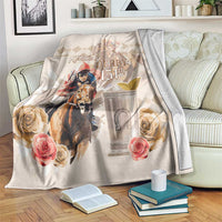 Light beige Kentucky Derby blanket with horse rider, roses, and trophy cup graphic