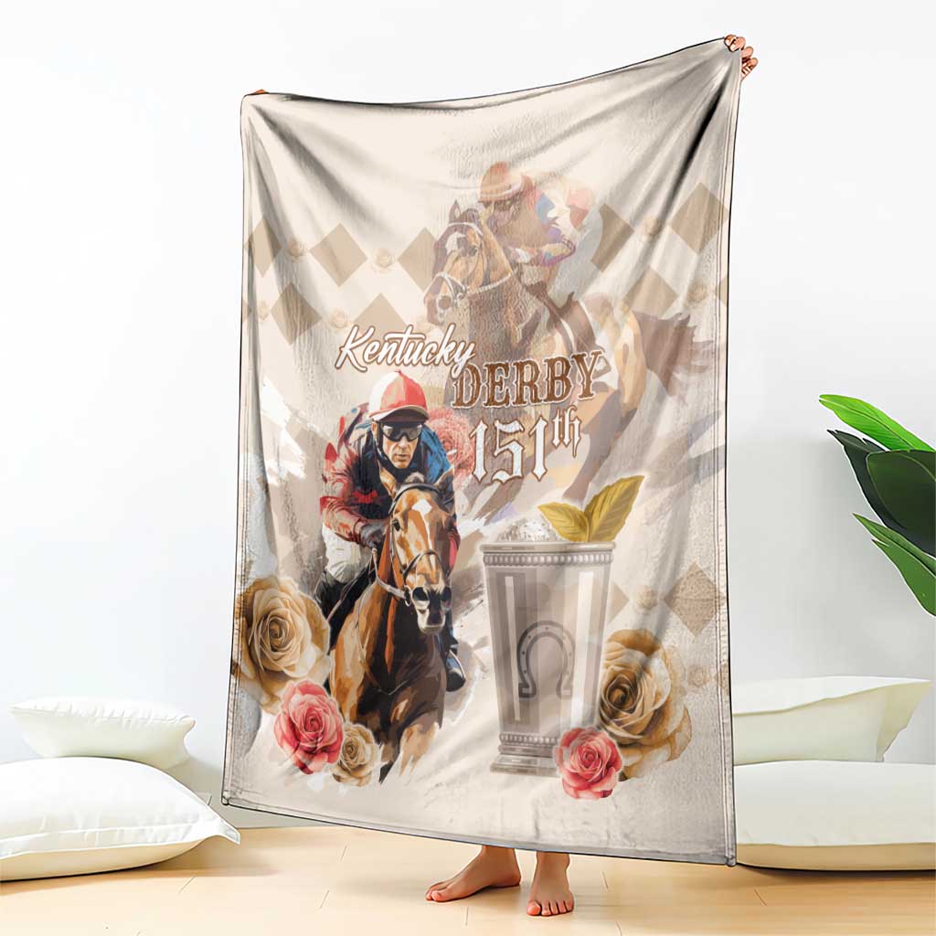 Beige horse racing blanket with Kentucky Derby 151st text, rider and roses