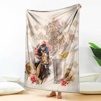 Beige horse racing blanket with Kentucky Derby 151st text, rider and roses