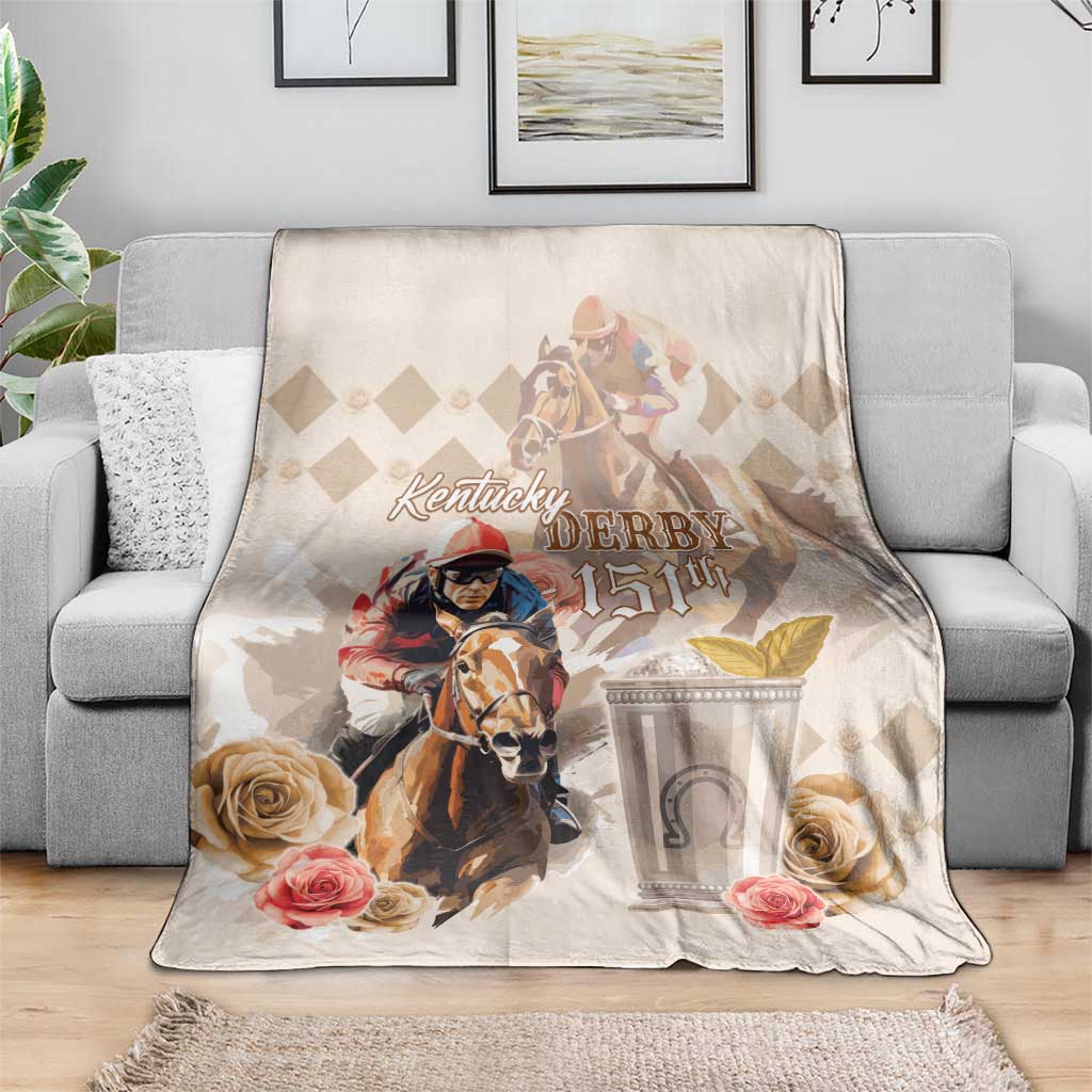 Light beige Kentucky Derby 151st blanket draped over sofa, featuring horse and roses