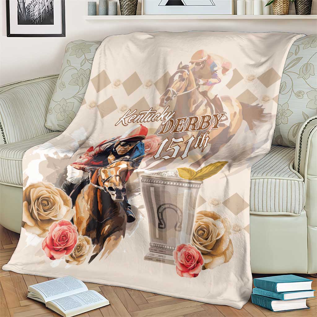 Cream-beige Kentucky Derby horse blanket with rider, roses, and trophy cup graphic