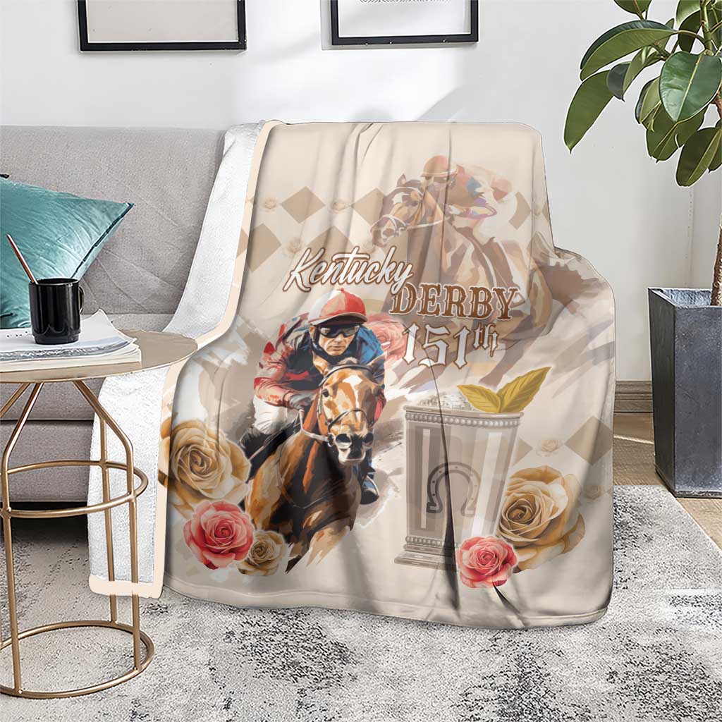 Beige Kentucky Derby blanket with horse rider, roses, and 151st trophy cup design