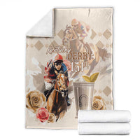 Beige Kentucky Derby 151st blanket with horse rider, roses, and trophy cup on front