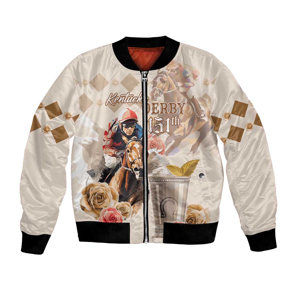 Beige bomber jacket with black trim and Kentucky Derby horse graphic on front