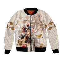 Beige bomber jacket with black trim and Kentucky Derby horse graphic on front