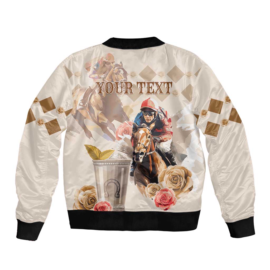 Beige bomber jacket with black trim, horse racing graphic and 'YOUR TEXT' on back