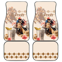 Beige personalized car mats featuring “YOUR TEXT” and a horse rider with roses design.