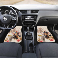 Beige horse racing car floor mats shown in the front seat area, with rider and rose details.