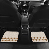Beige horse racing car floor mats with diamond border pattern in the rear seat area.