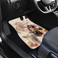 Beige horse racing car mat with rider, roses, and “YOUR TEXT” printed across the design.