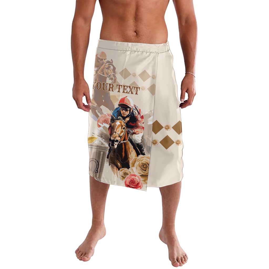 Personalized lavalava wrap skirt, light beige/cream with horse and floral front print