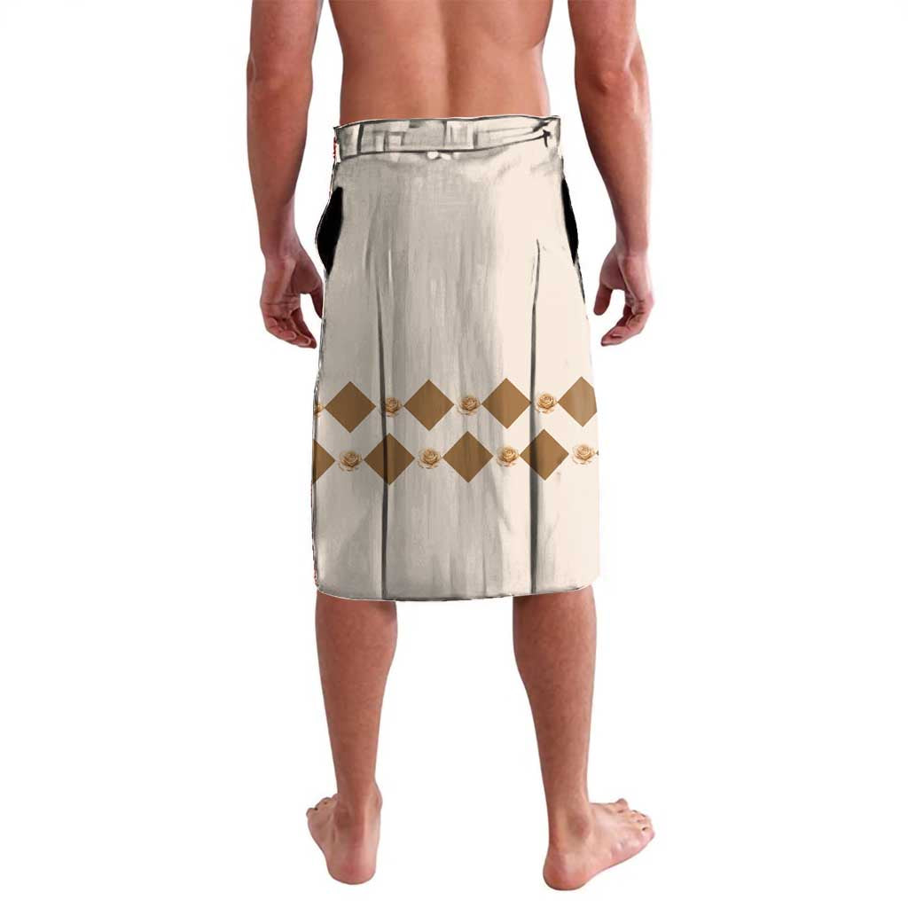 Personalized lavalava wrap skirt, light cream back with gold diamond pattern and trim