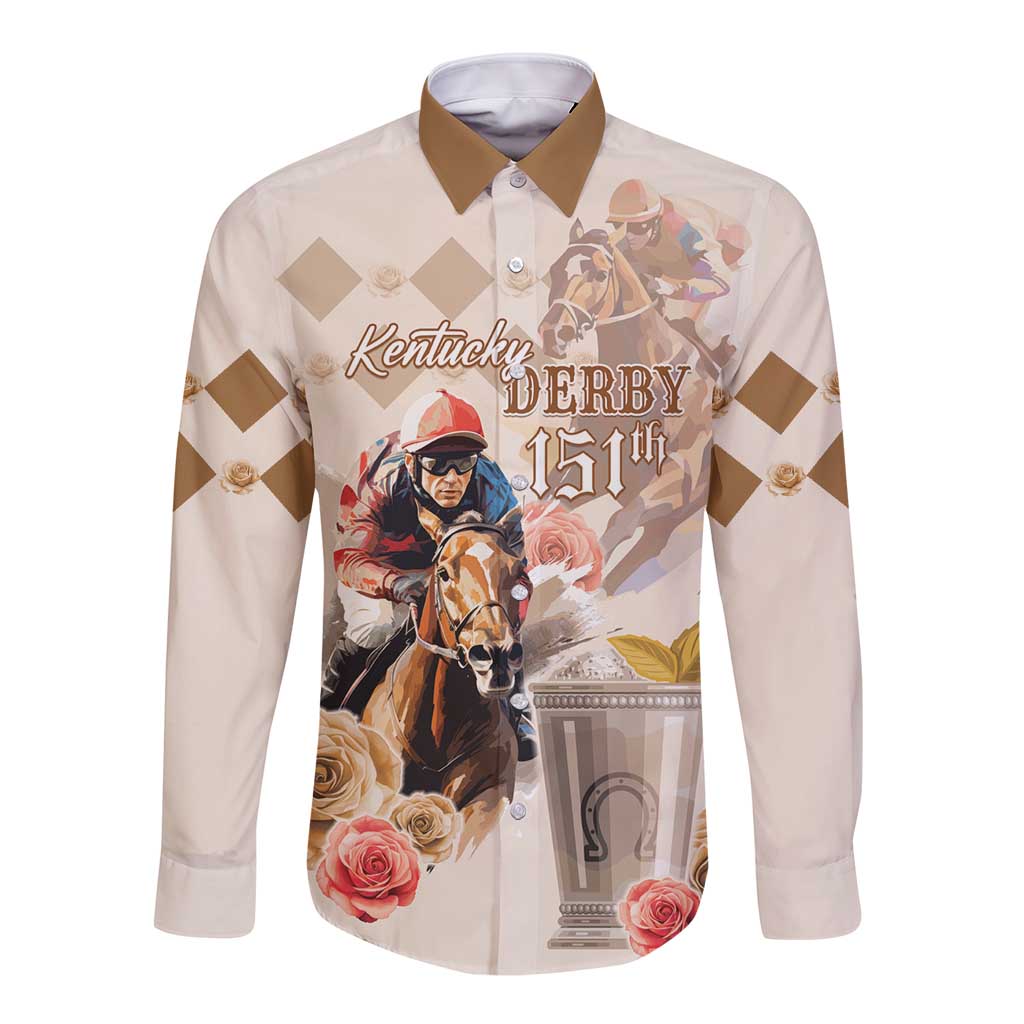 Beige long-sleeve button shirt with horse racing graphic and anniversary print.