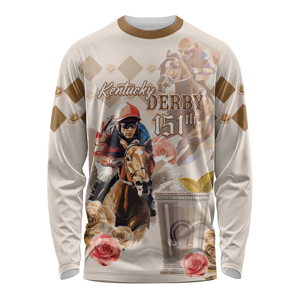 Beige long-sleeve shirt with horse racing graphic, Kentucky Derby 151st and floral accents