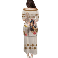 Beige printed long dress with short sleeves, horse rider graphic, roses, gold diamonds, "YOUR TEXT"