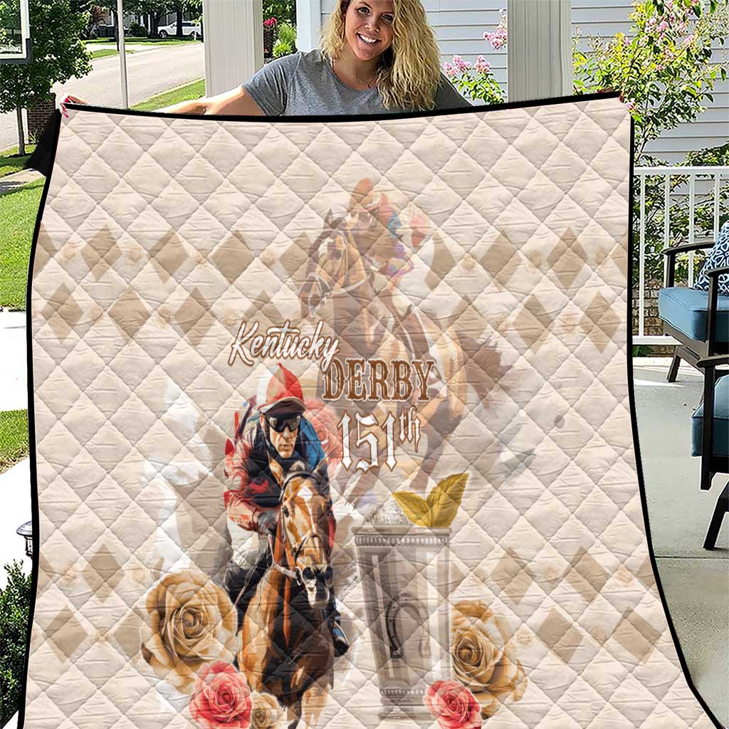 Beige quilt with diamond stitching and Kentucky Derby 151 horse-rider graphic