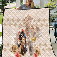 Beige quilt with diamond stitching and Kentucky Derby 151 horse-rider graphic