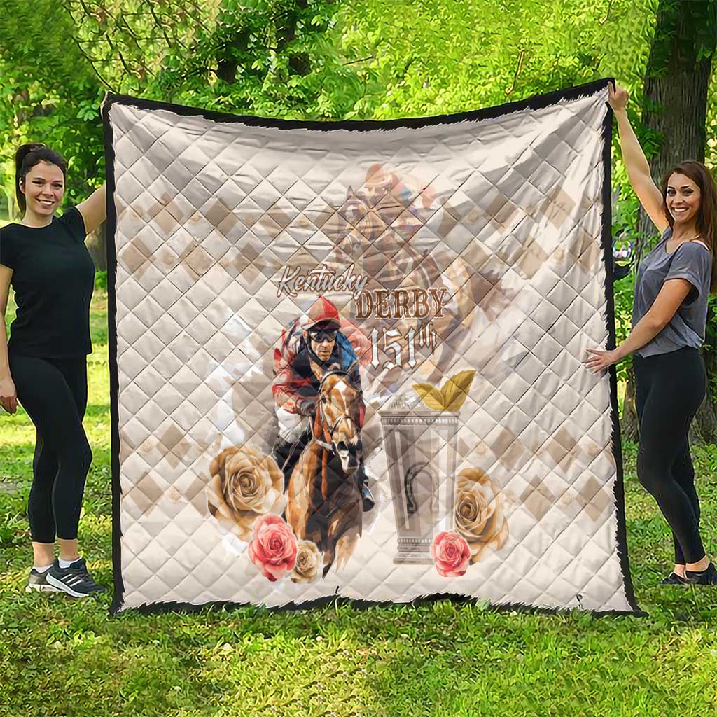 White quilt with diamond stitching, horse rider center graphic, roses and Kentucky Derby 151