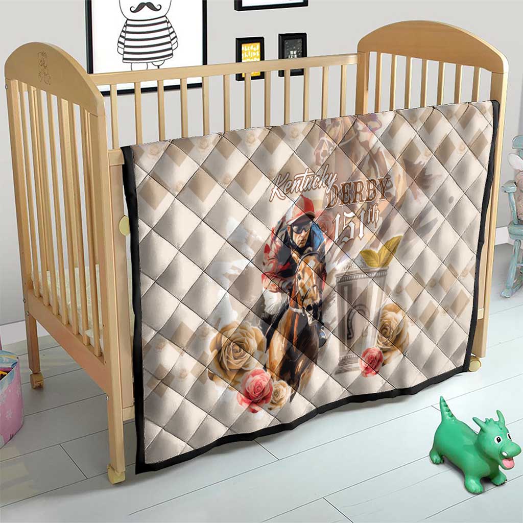 Beige crib quilt with diamond stitching, horse rider and roses; Kentucky Derby 151 print