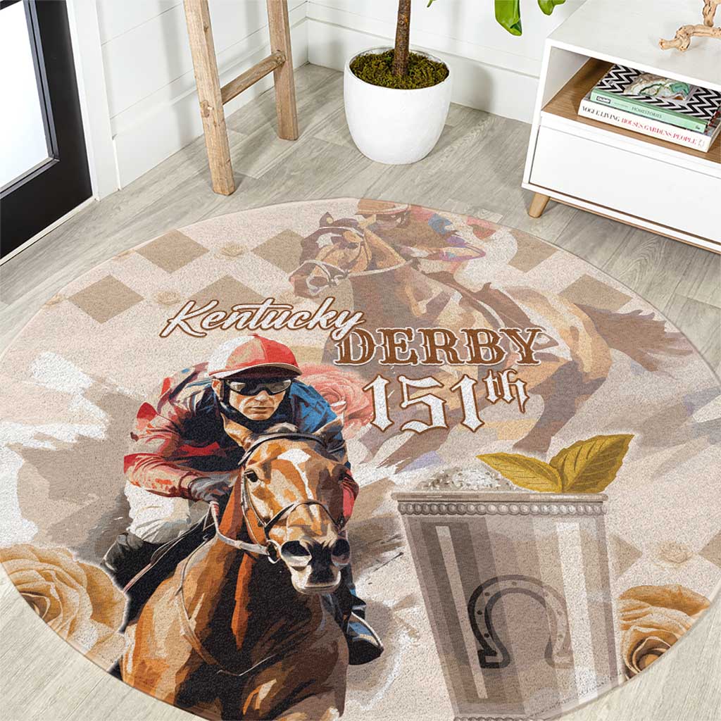 Beige round carpet with Kentucky Derby 151st horse-and-jockey graphic
