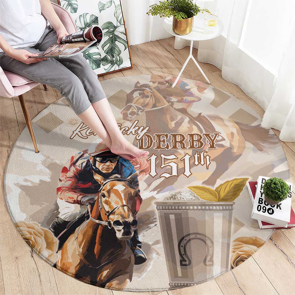 Beige round carpet featuring Kentucky Derby 151st horse-and-jockey artwork