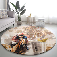 Beige round carpet with Kentucky Derby 151st central horse figure and text