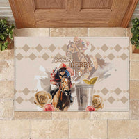 Beige rubber doormat featuring Kentucky Derby 151st rider, horse, and diamond pattern