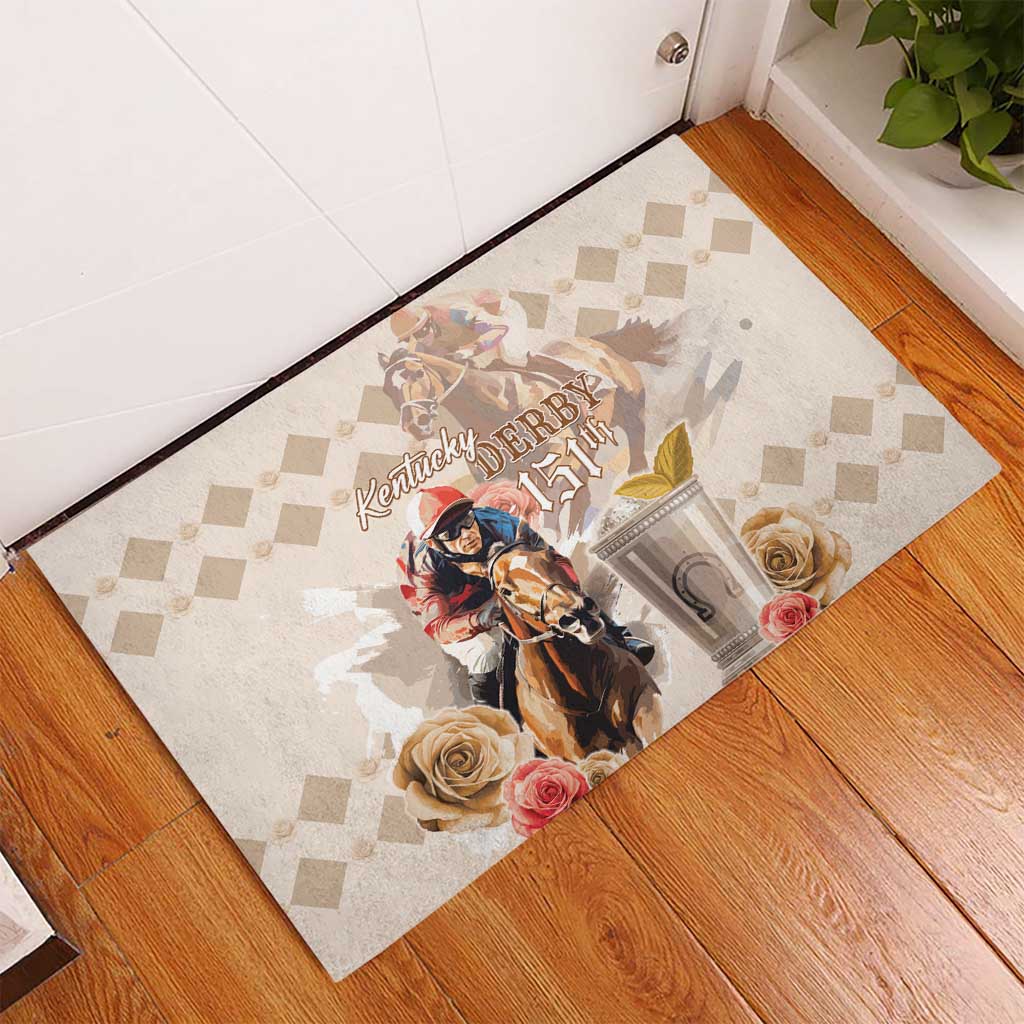 Beige rubber doormat with Kentucky Derby 151st horse and bouquet graphic