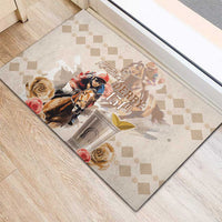 Beige rubber doormat with Kentucky Derby 151st text, horse, roses, and mint julep cup
