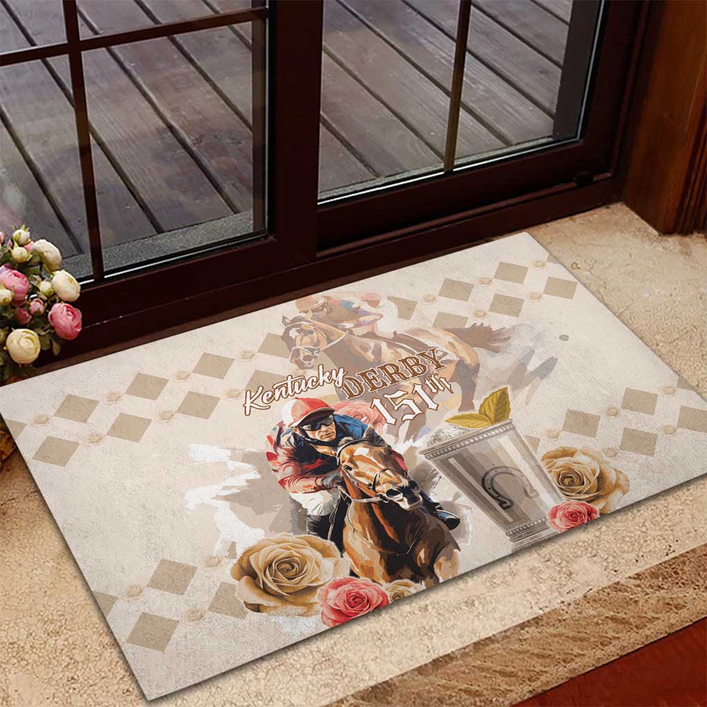 Beige rubber doormat with Kentucky Derby 151st horse rider, checkered background, roses