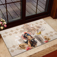 Beige rubber doormat with Kentucky Derby 151st horse rider, checkered background, roses