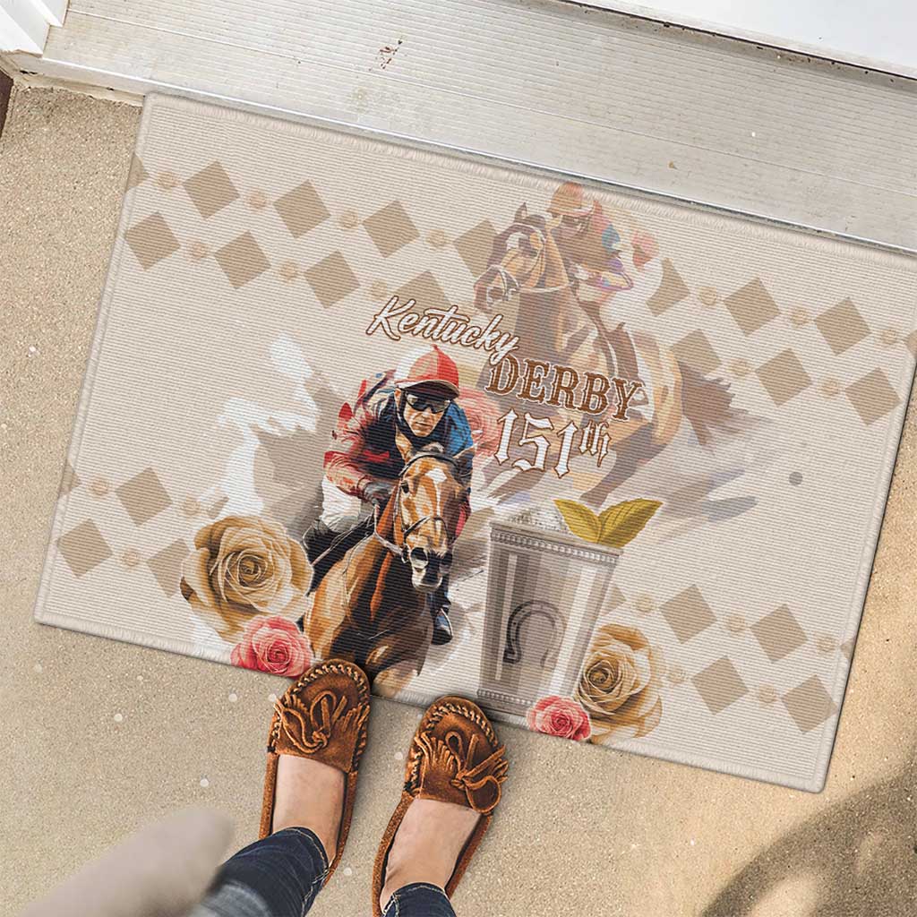 Beige rubber doormat with Kentucky Derby 151st horse rider and roses for entryway