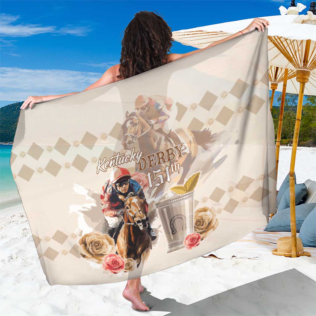 Beige horse-racing anniversary sarong with check pattern, roses, horse-and-jockey graphic