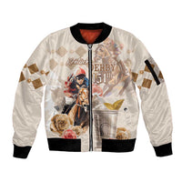 Light beige unisex zip-front bomber jacket with horse-racing graphic, ribbed trim.